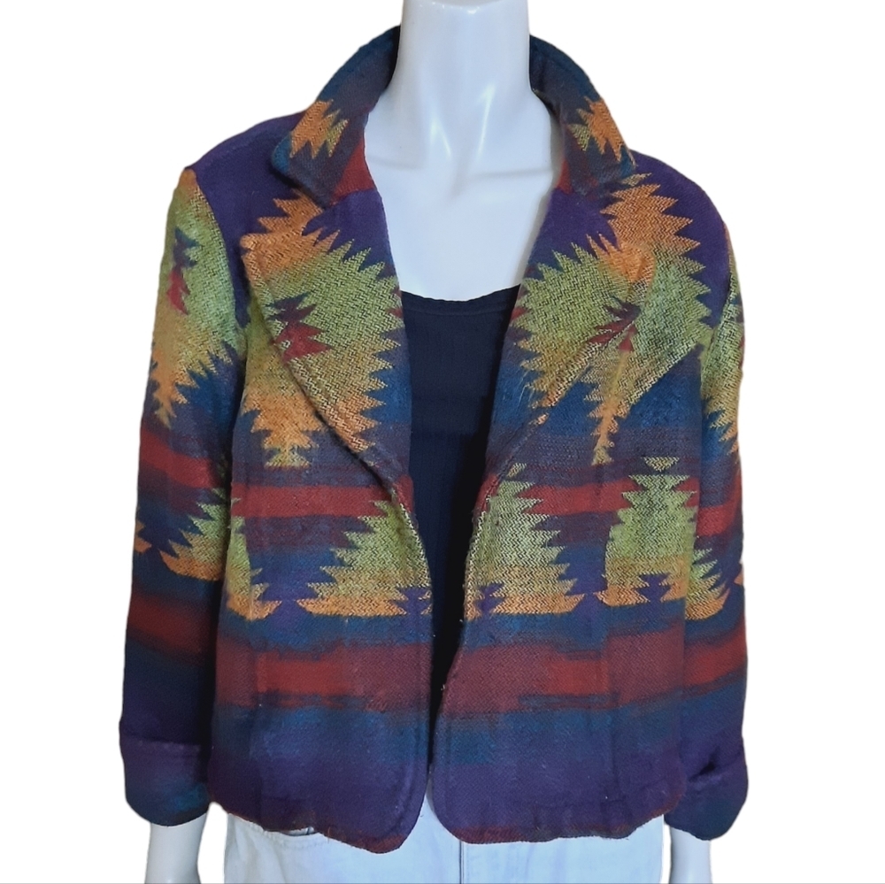 VINTAGE 90s Aztec Print Blanket Jacket Medium Boho Western Cowgirl